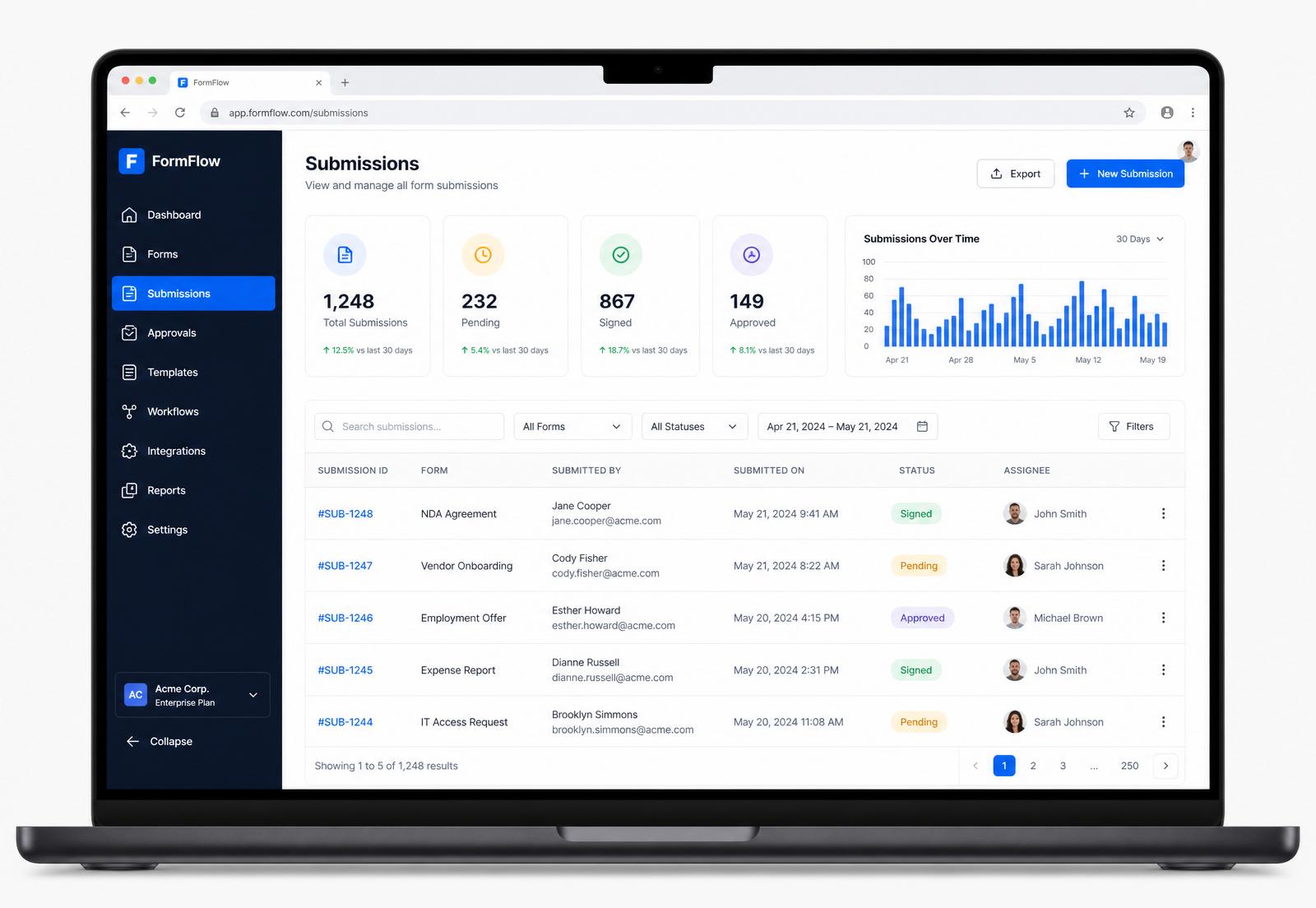 StellorApp submissions dashboard showing form submissions with signed, pending and approved statuses